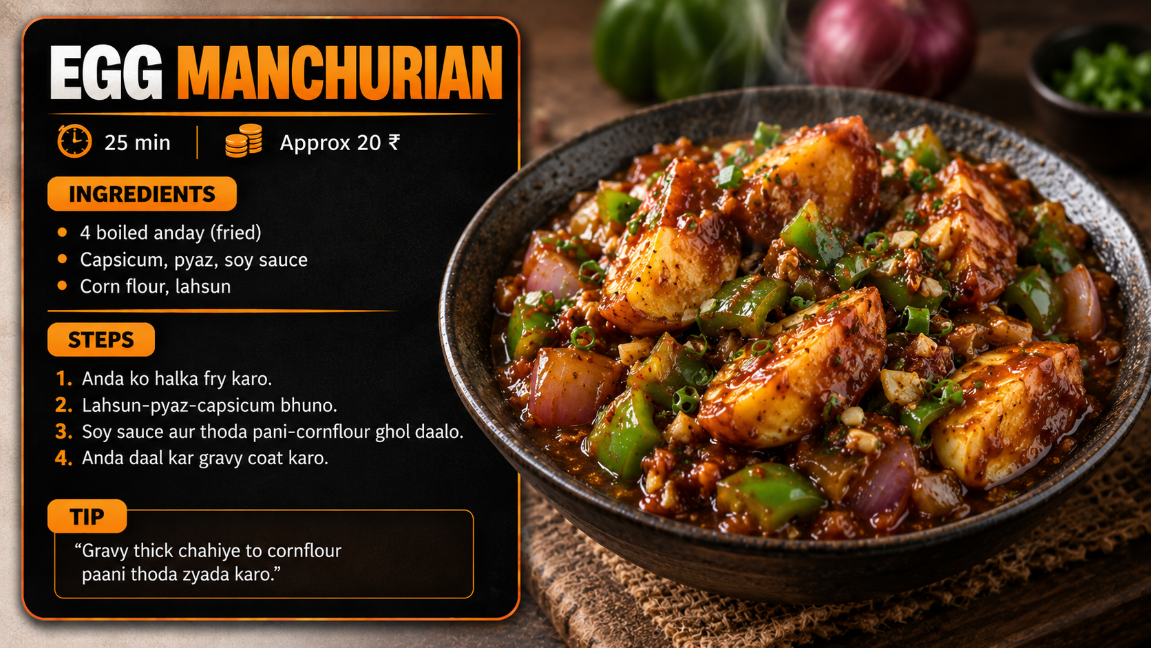 Egg Manchurian recipe page with ingredients, steps and finished dish