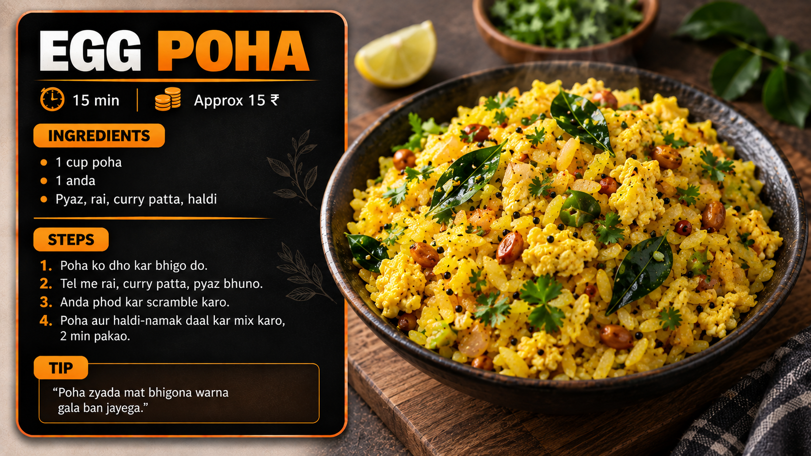 Egg Poha recipe page with ingredients, steps and finished dish